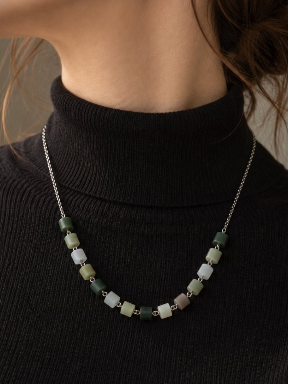 Natural Green Jade Cylinder Necklace Handmade Unisex Jewelry